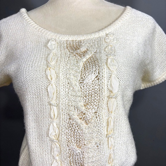 Vintage Beldoch Petite Cable Wool Sweater S Pearl Ribbon Ballet Coquette Dainty - Picture 2 of 10